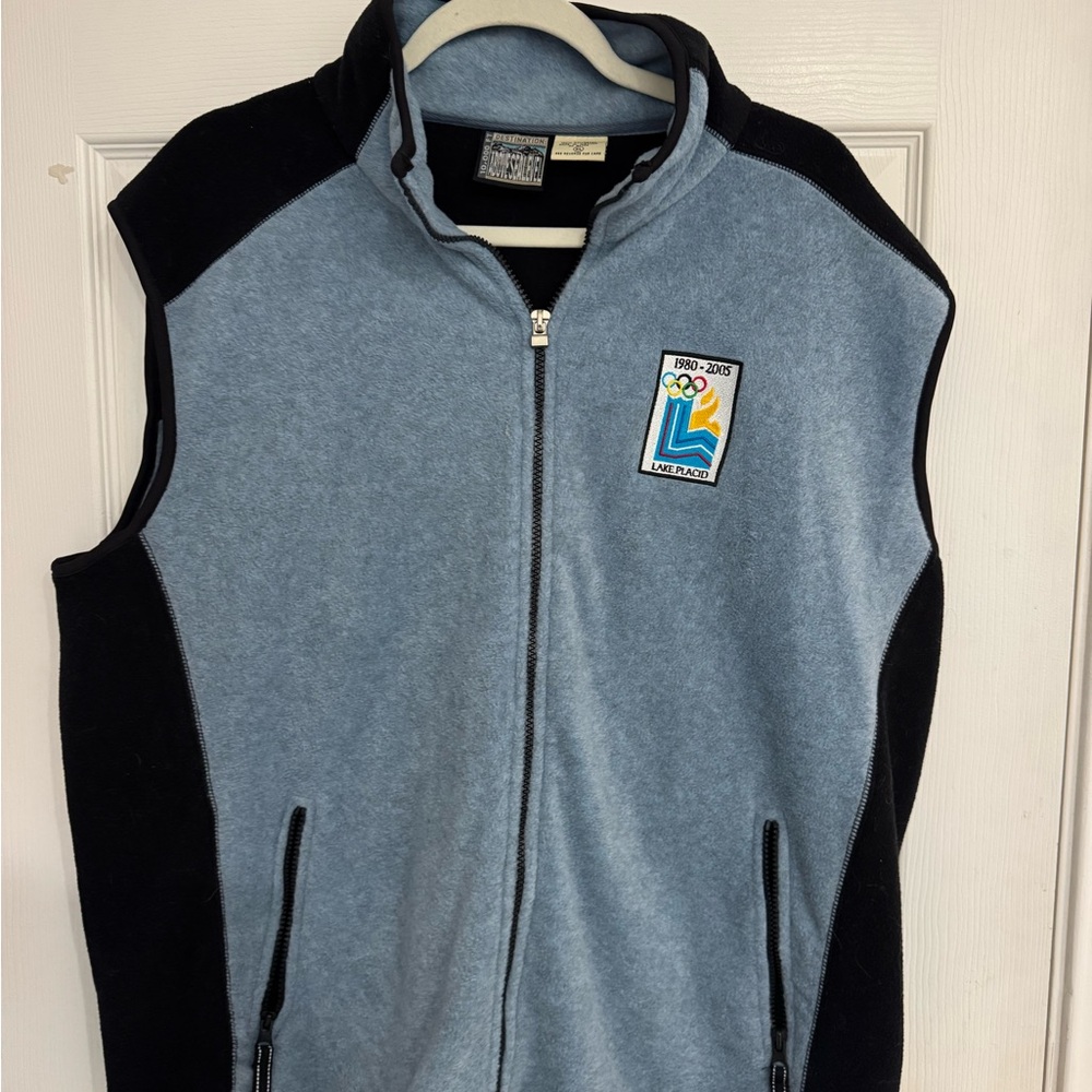 Men's Blue and Black Sleeveless Olympic Fleece Vest Lake Placid 1980-2005